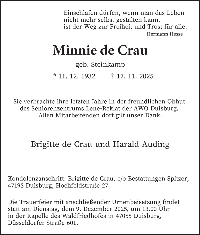  Traueranzeige für Minnie de Crau vom 06.12.2025 aus Tageszeitung