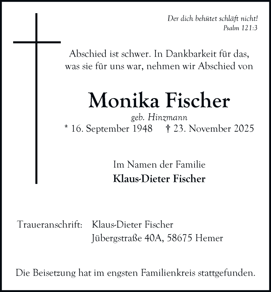  Traueranzeige für Monika Fischer vom 13.12.2025 aus Tageszeitung