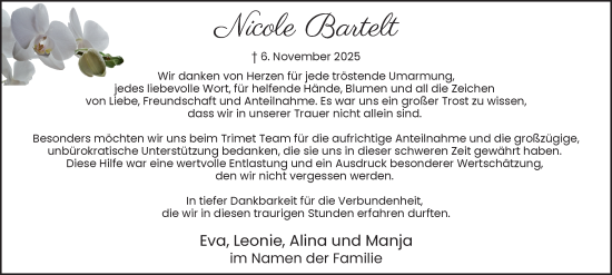 Traueranzeige von Nicole Bartelt von Tageszeitung