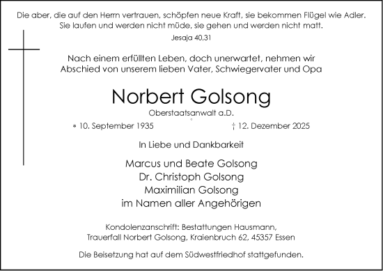 Traueranzeige von Norbert Golsong von Tageszeitung