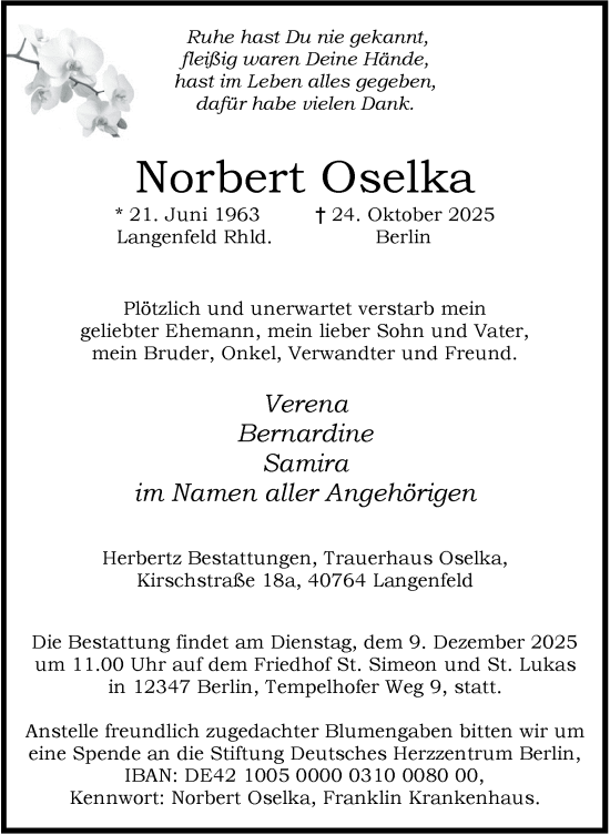 Traueranzeige von Norbert Oselka von Tageszeitung
