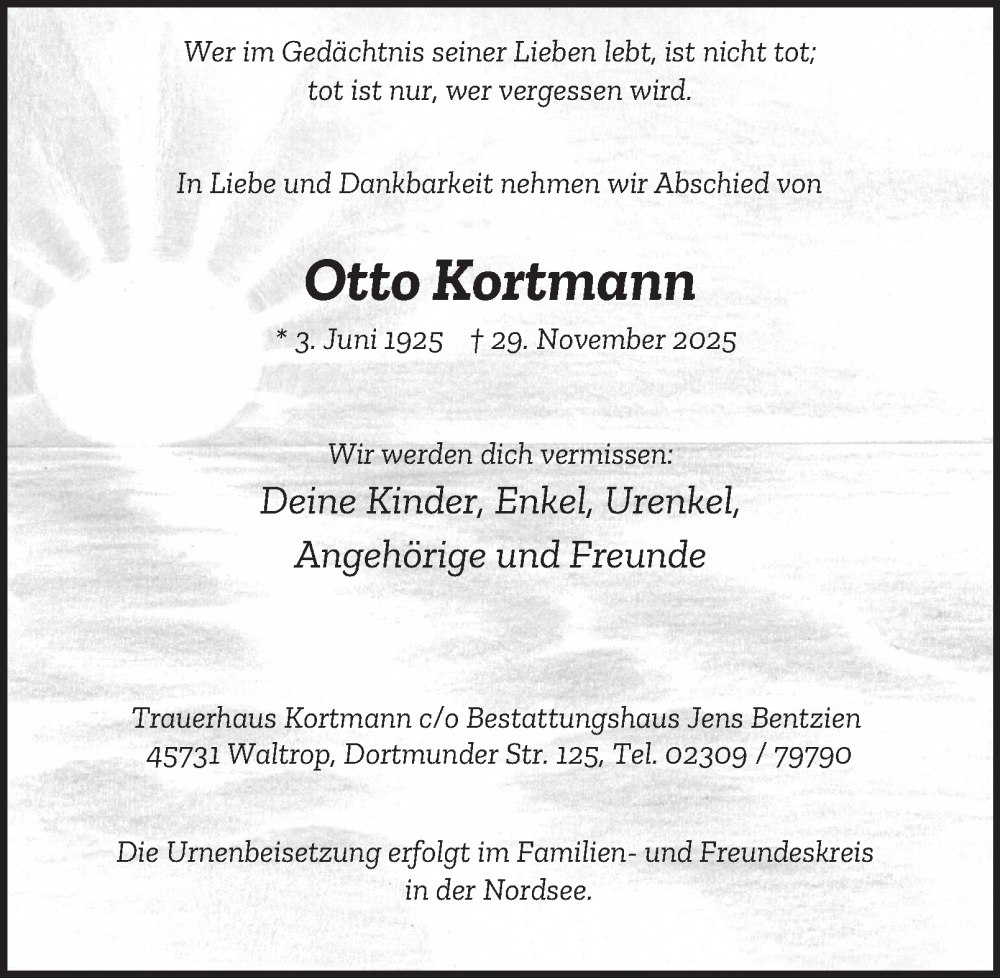  Traueranzeige für Otto Kortmann vom 06.12.2025 aus Tageszeitung