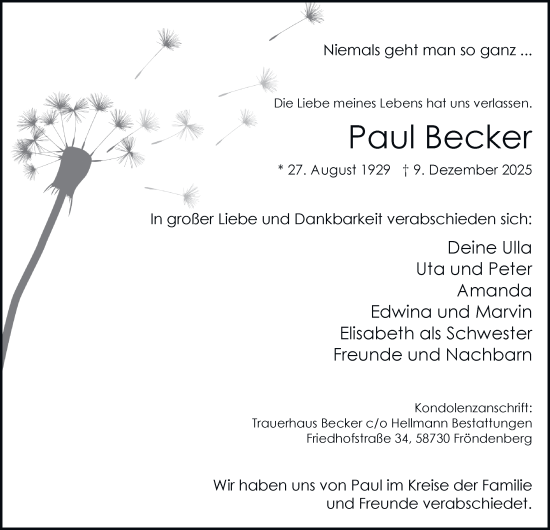 Traueranzeige von Paul Becker von Tageszeitung