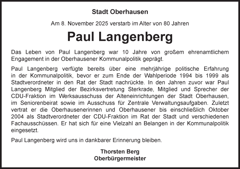  Traueranzeige für Paul Langenberg vom 06.12.2025 aus Tageszeitung