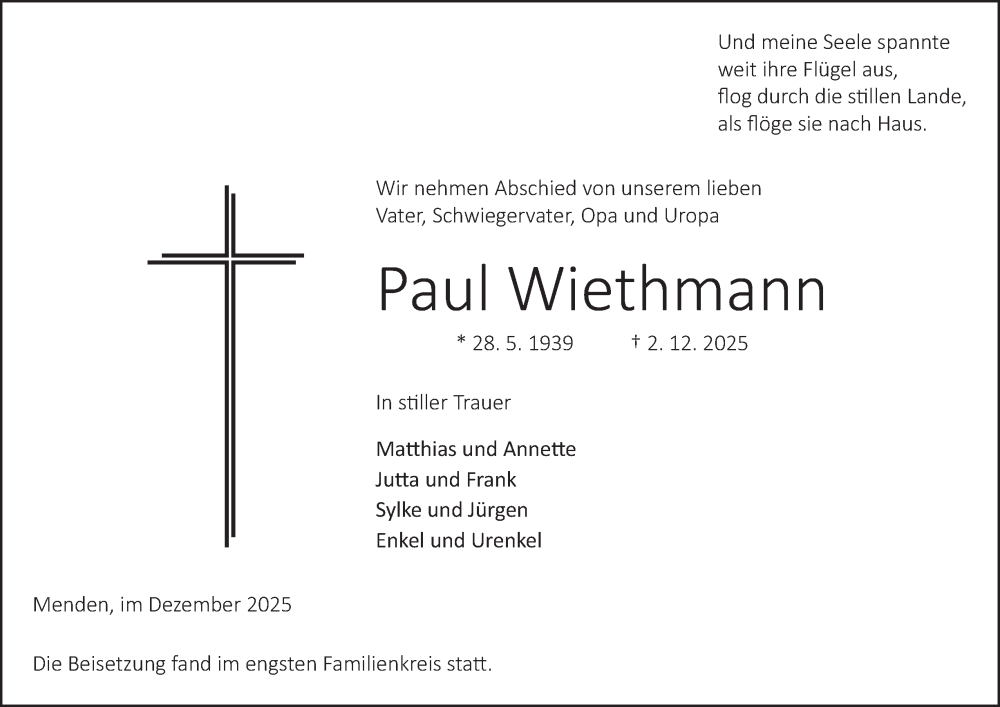  Traueranzeige für Paul Wiethmann vom 13.12.2025 aus Tageszeitung