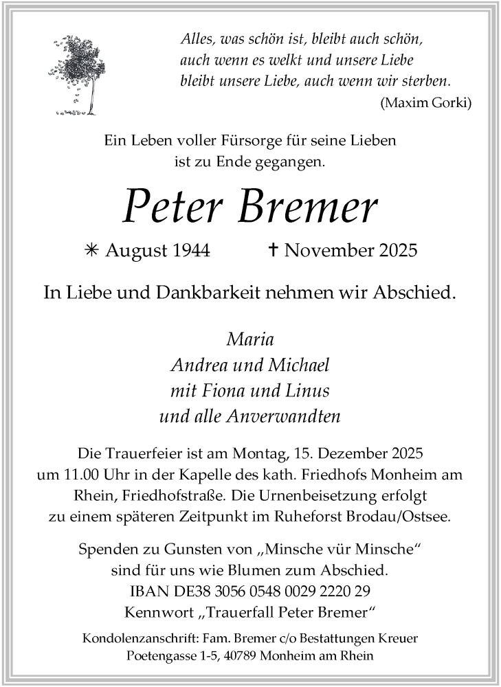  Traueranzeige für Peter Bremer vom 06.12.2025 aus Tageszeitung