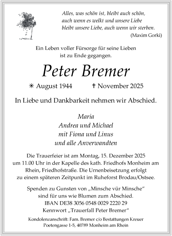 Traueranzeige von Peter Bremer von Tageszeitung