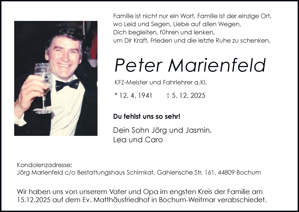  Traueranzeige für Peter Marienfeld vom 20.12.2025 aus Tageszeitung
