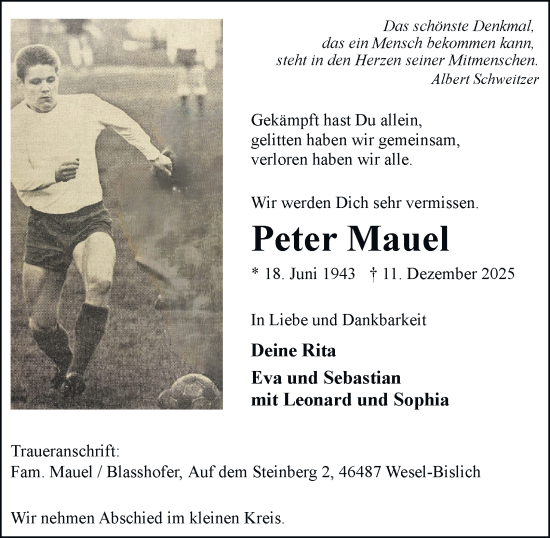 Traueranzeige von Peter Mauel von Tageszeitung