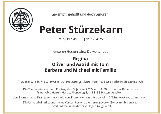 Traueranzeige von Peter Stürzekarn von Tageszeitung