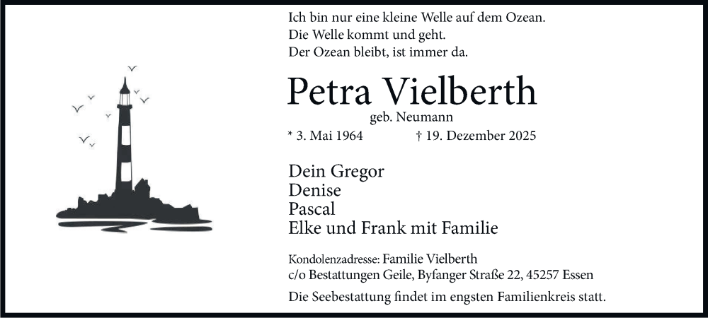  Traueranzeige für Petra Vielberth vom 27.12.2025 aus Tageszeitung