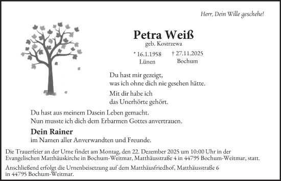 Traueranzeige von Petra Weiß von Tageszeitung