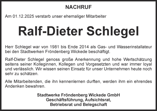 Traueranzeige von Ralf-Dieter Schlegel von Tageszeitung