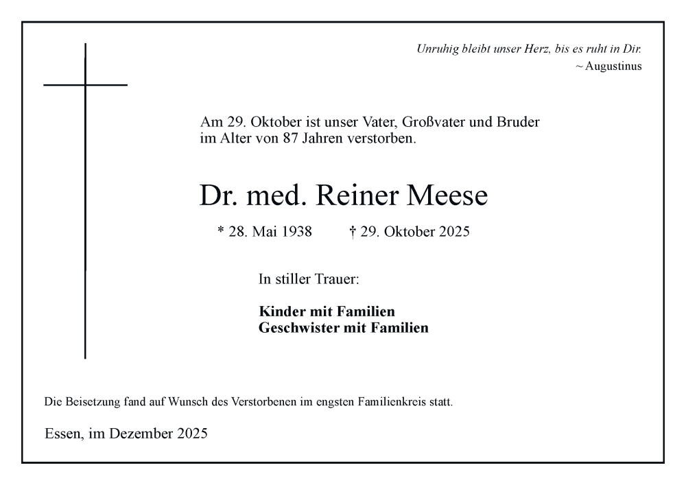  Traueranzeige für Reiner Meese vom 06.12.2025 aus Tageszeitung