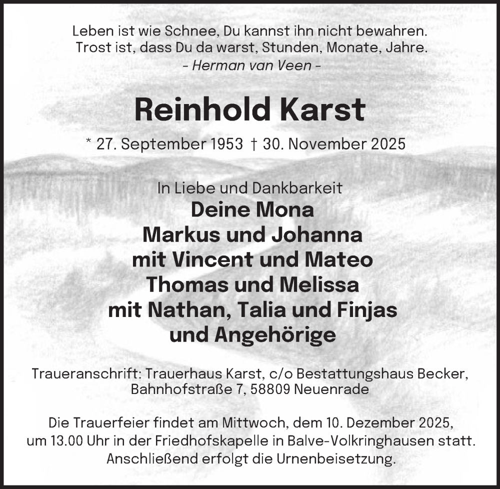  Traueranzeige für Reinhold Karst vom 04.12.2025 aus Tageszeitung