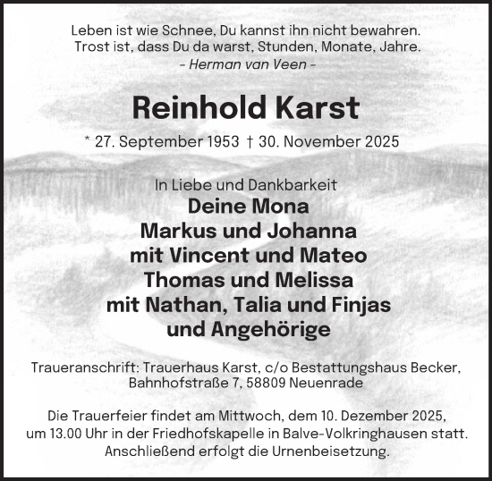 Traueranzeige von Reinhold Karst von Tageszeitung