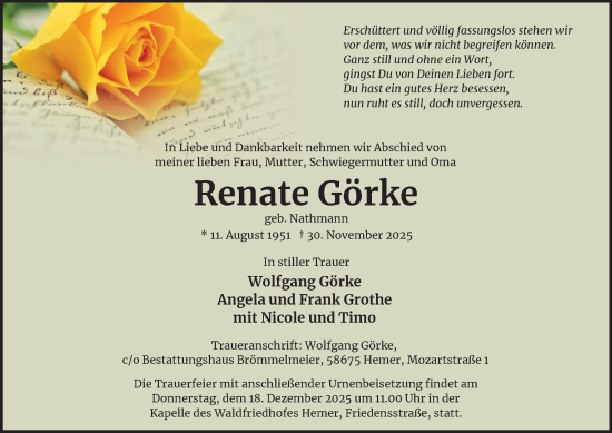 Traueranzeige von Renate Görke von Tageszeitung