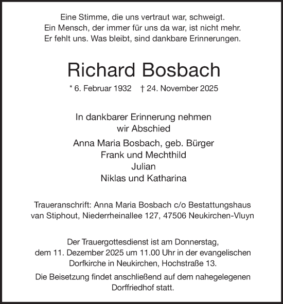 Traueranzeige von Richard Bosbach von Tageszeitung