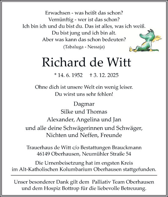Traueranzeige von Richard de Witt von Tageszeitung