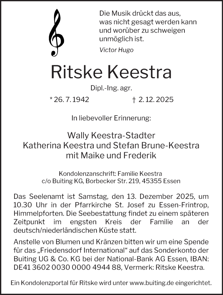  Traueranzeige für Ritske Keestra vom 06.12.2025 aus Tageszeitung