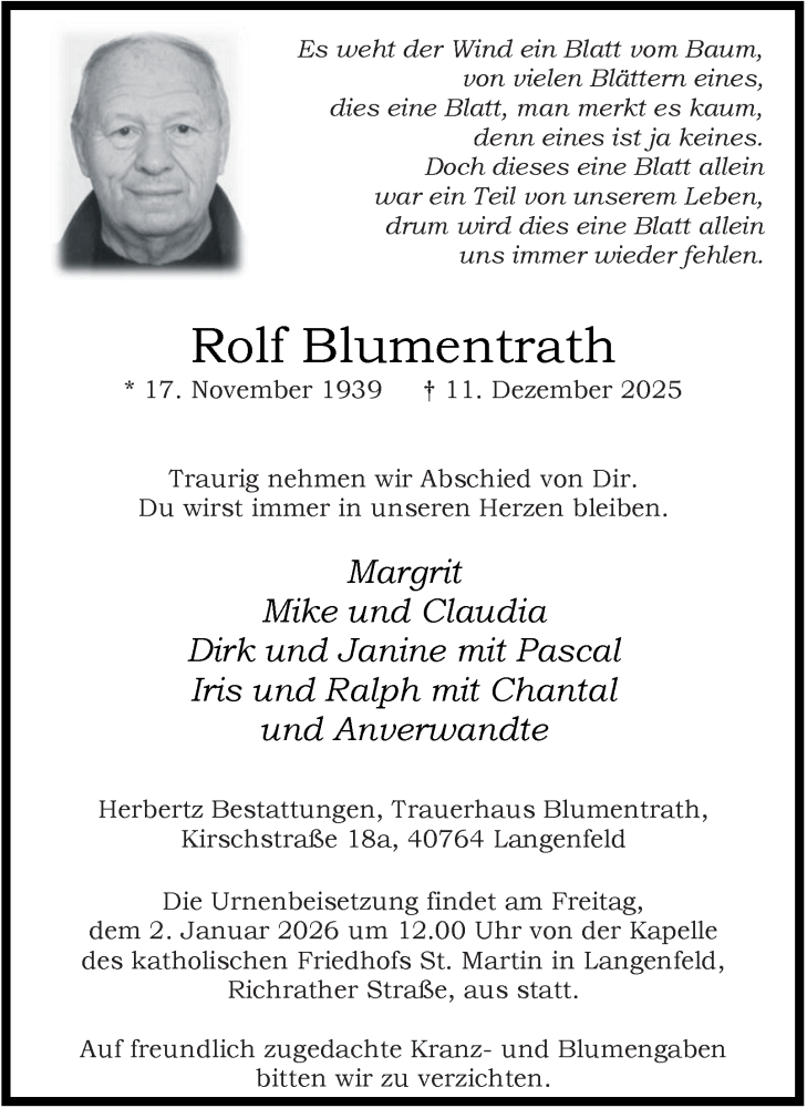 Traueranzeige für Rolf Blumentrath vom 27.12.2025 aus Tageszeitung