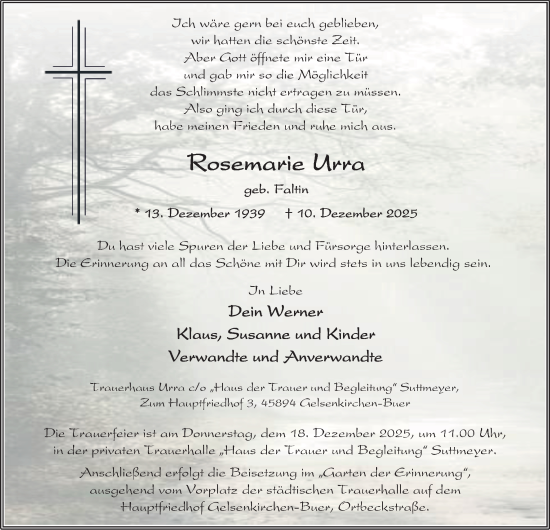 Traueranzeige von Rosemarie Urra von Tageszeitung