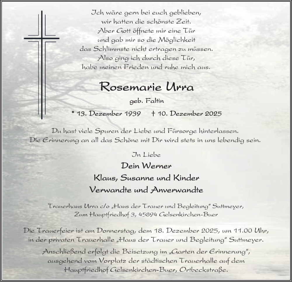  Traueranzeige für Rosemarie Urra vom 13.12.2025 aus Tageszeitung