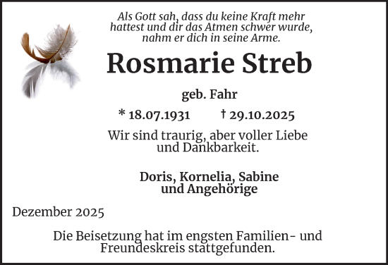 Traueranzeige von Rosmarie Streb von Tageszeitung