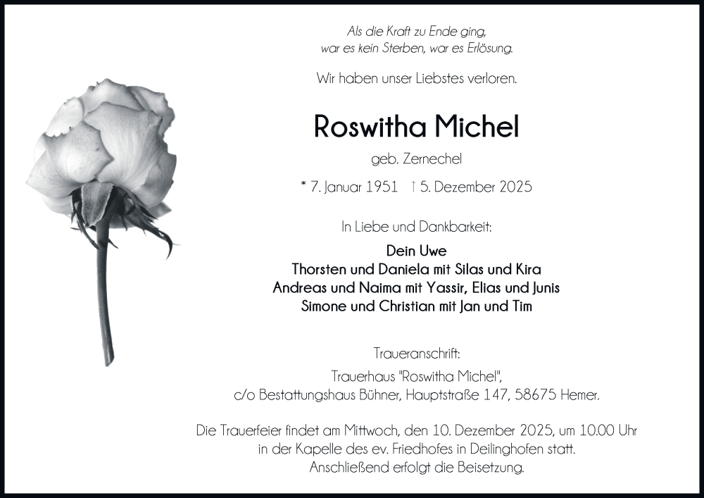  Traueranzeige für Roswitha Michel vom 06.12.2025 aus Tageszeitung