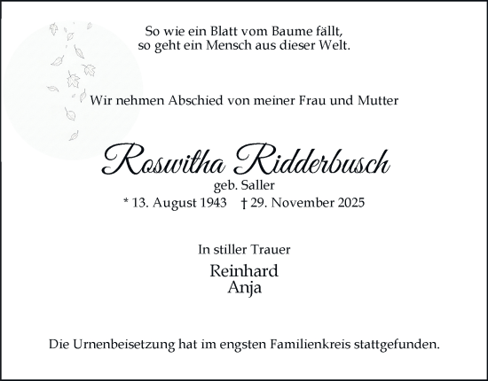 Traueranzeige von Roswitha Ridderbusch von Tageszeitung