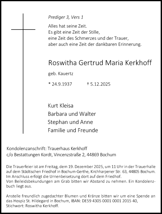 Traueranzeige von Roswitha Gertrud Maria Kerkhoff von Tageszeitung
