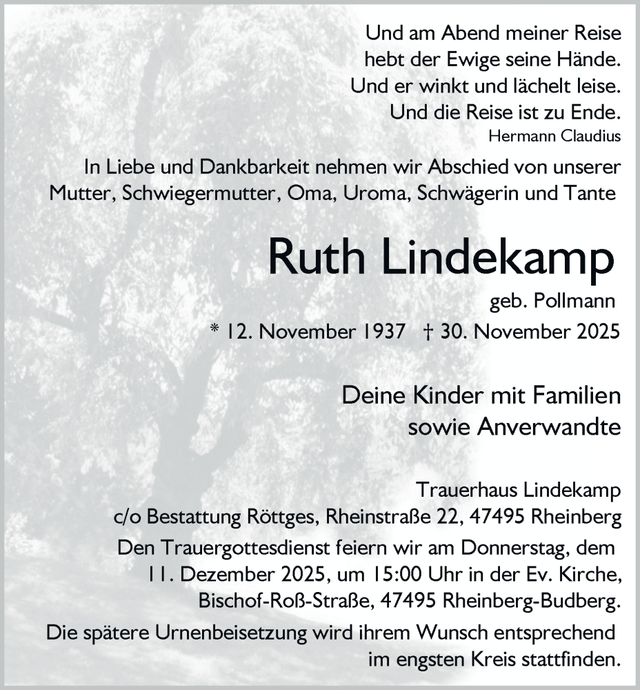  Traueranzeige für Ruth Lindekamp vom 06.12.2025 aus Tageszeitung