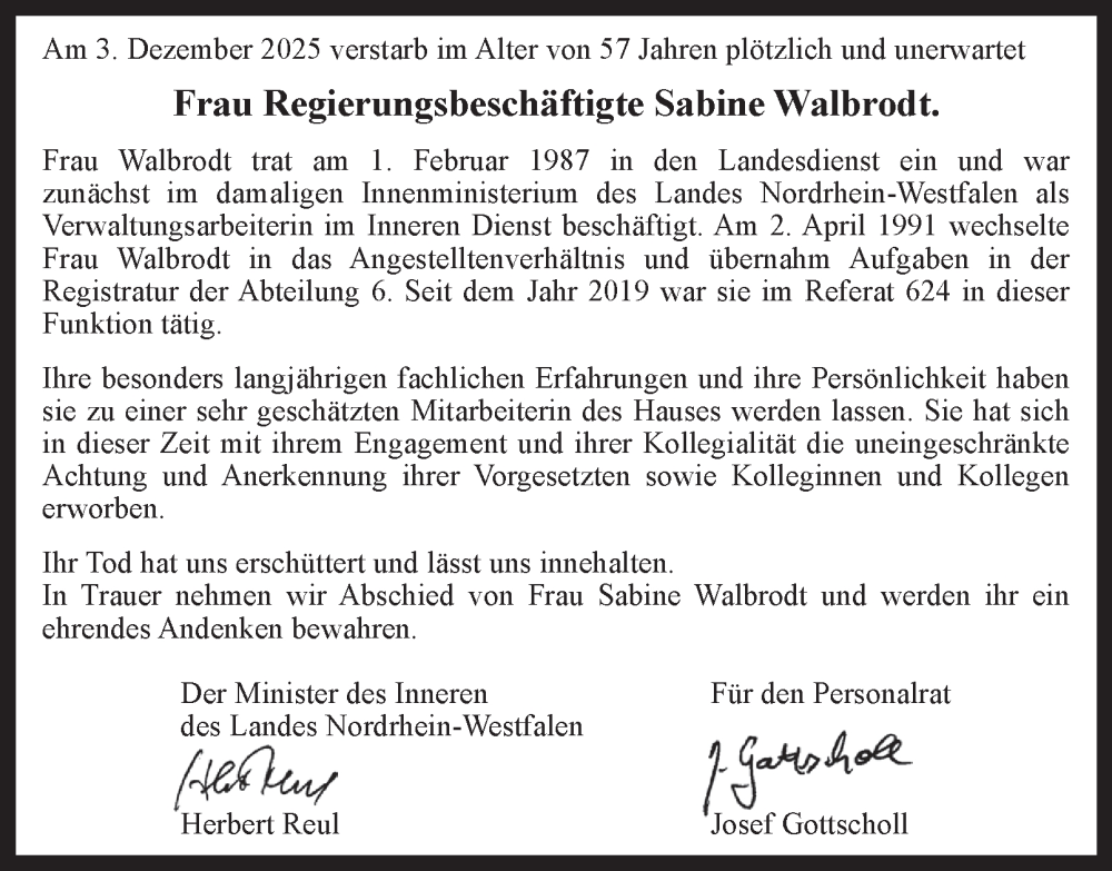  Traueranzeige für Sabine Walbrodt vom 20.12.2025 aus Tageszeitung