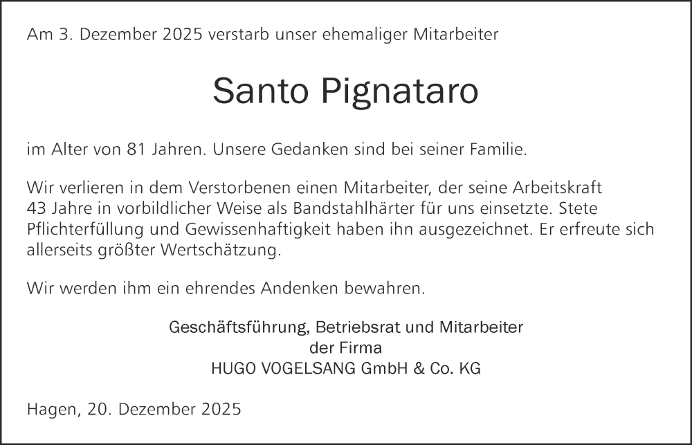  Traueranzeige für Santo Pignataro vom 20.12.2025 aus Tageszeitung