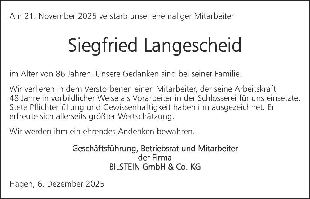  Traueranzeige für Siegfried Langescheid vom 06.12.2025 aus Tageszeitung