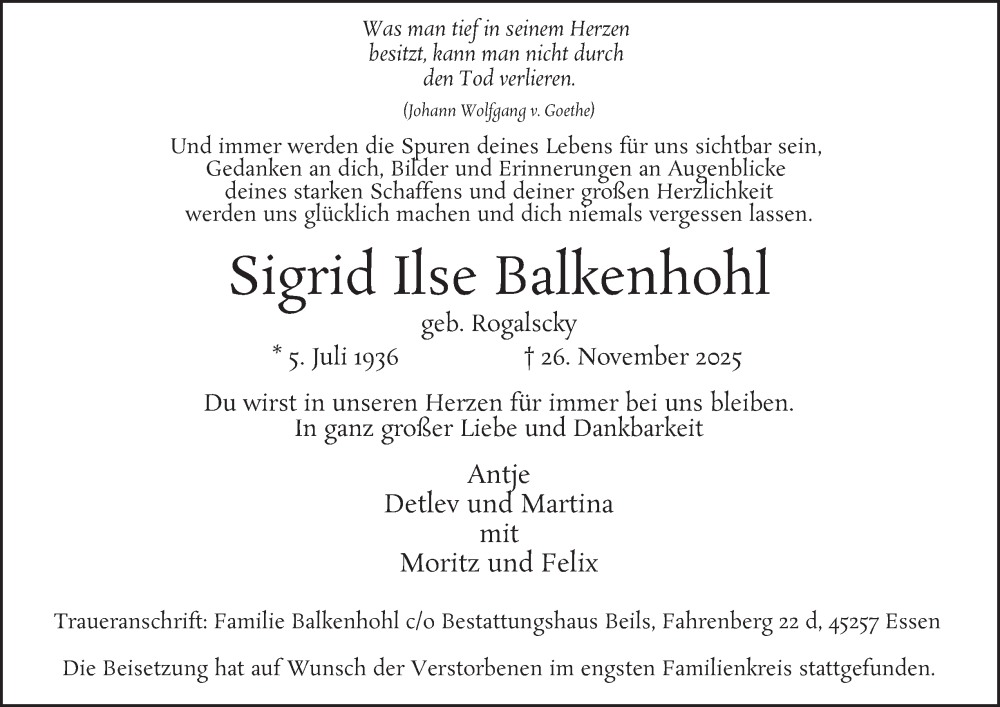  Traueranzeige für Sigrid Ilse Balkenhohl vom 06.12.2025 aus Tageszeitung
