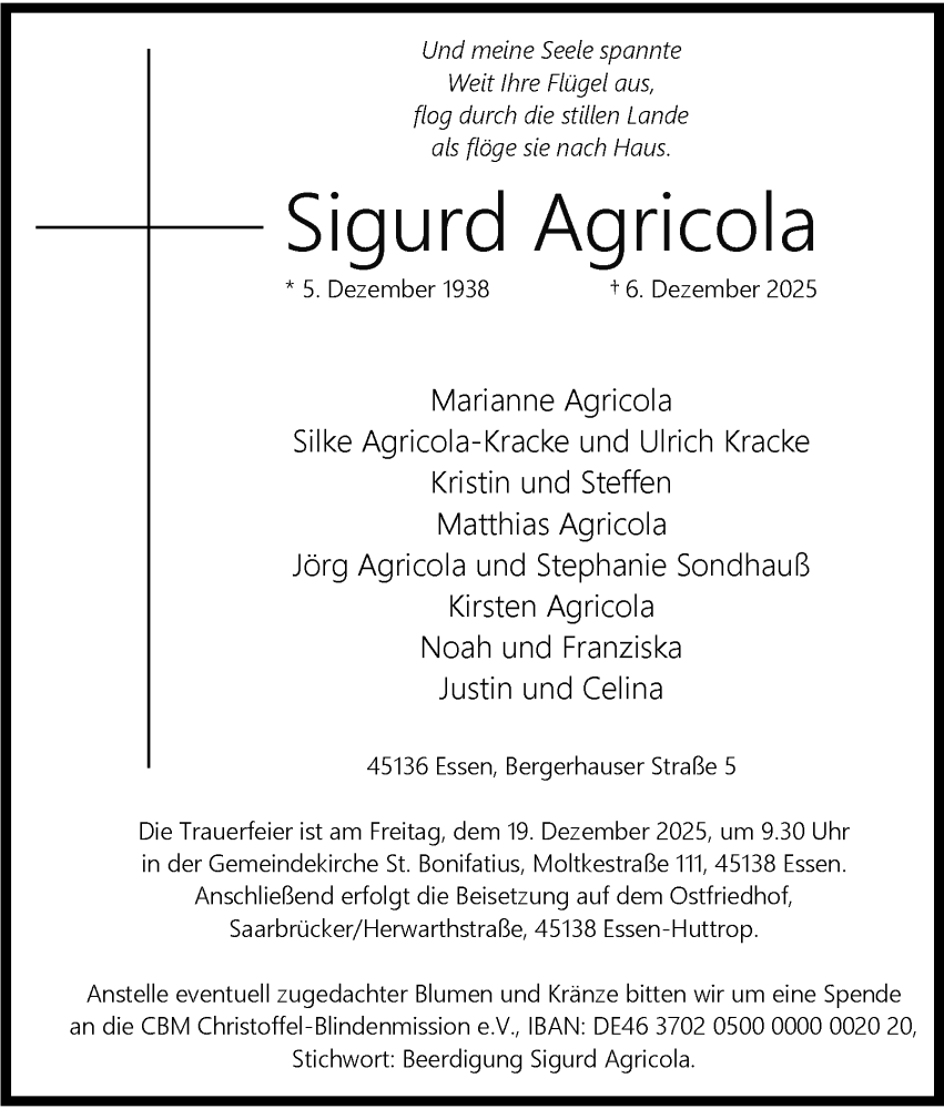  Traueranzeige für Sigurd Agricola vom 13.12.2025 aus Tageszeitung