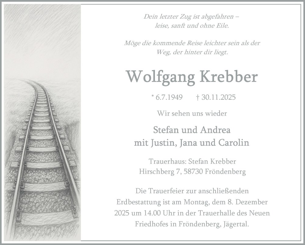  Traueranzeige für Wolfgang Krebber vom 04.12.2025 aus Tageszeitung