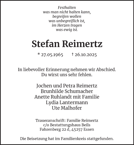 Traueranzeige von Stefan Reimertz von Tageszeitung
