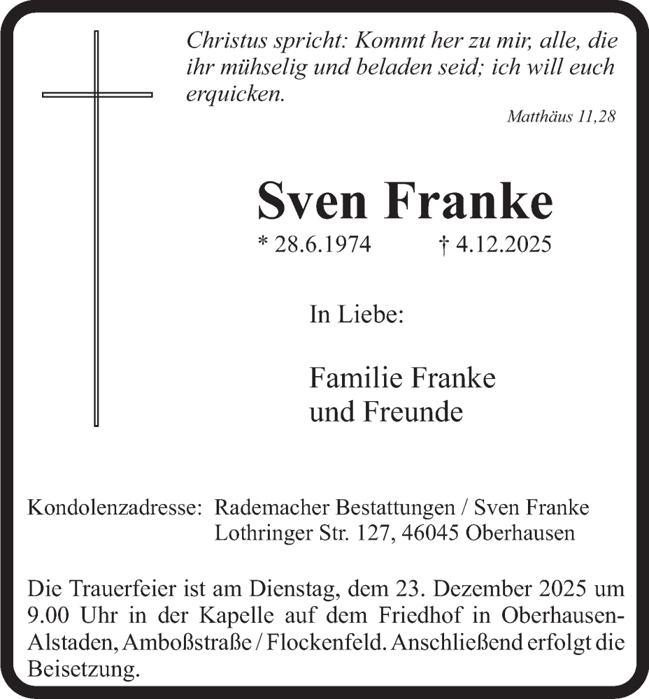  Traueranzeige für Sven Franke vom 20.12.2025 aus Tageszeitung