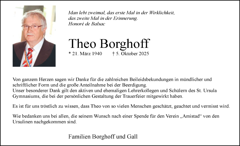  Traueranzeige für Theo Borghoff vom 13.12.2025 aus Tageszeitung