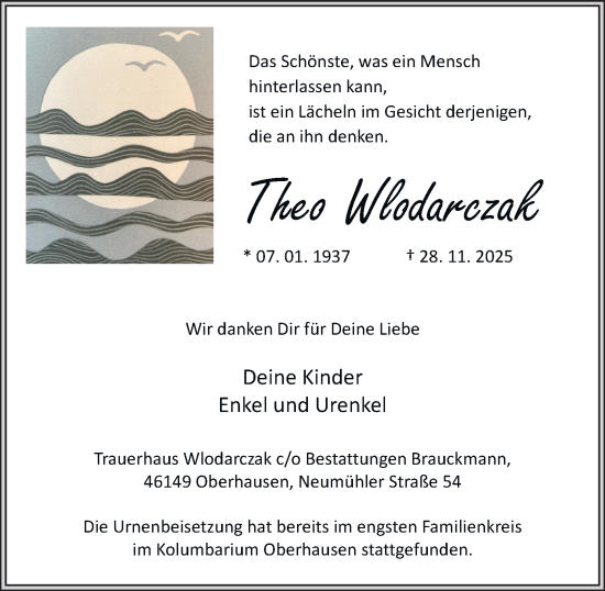 Traueranzeige von Theo Wlodarczak von Tageszeitung