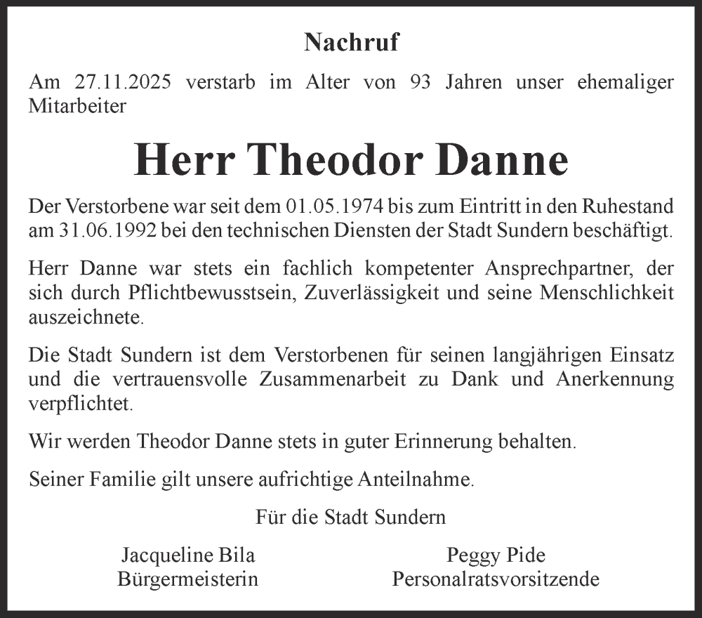  Traueranzeige für Theodor Danne vom 06.12.2025 aus Tageszeitung