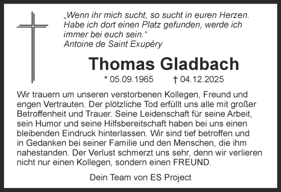 Traueranzeige von Thomas Gladbach von Tageszeitung