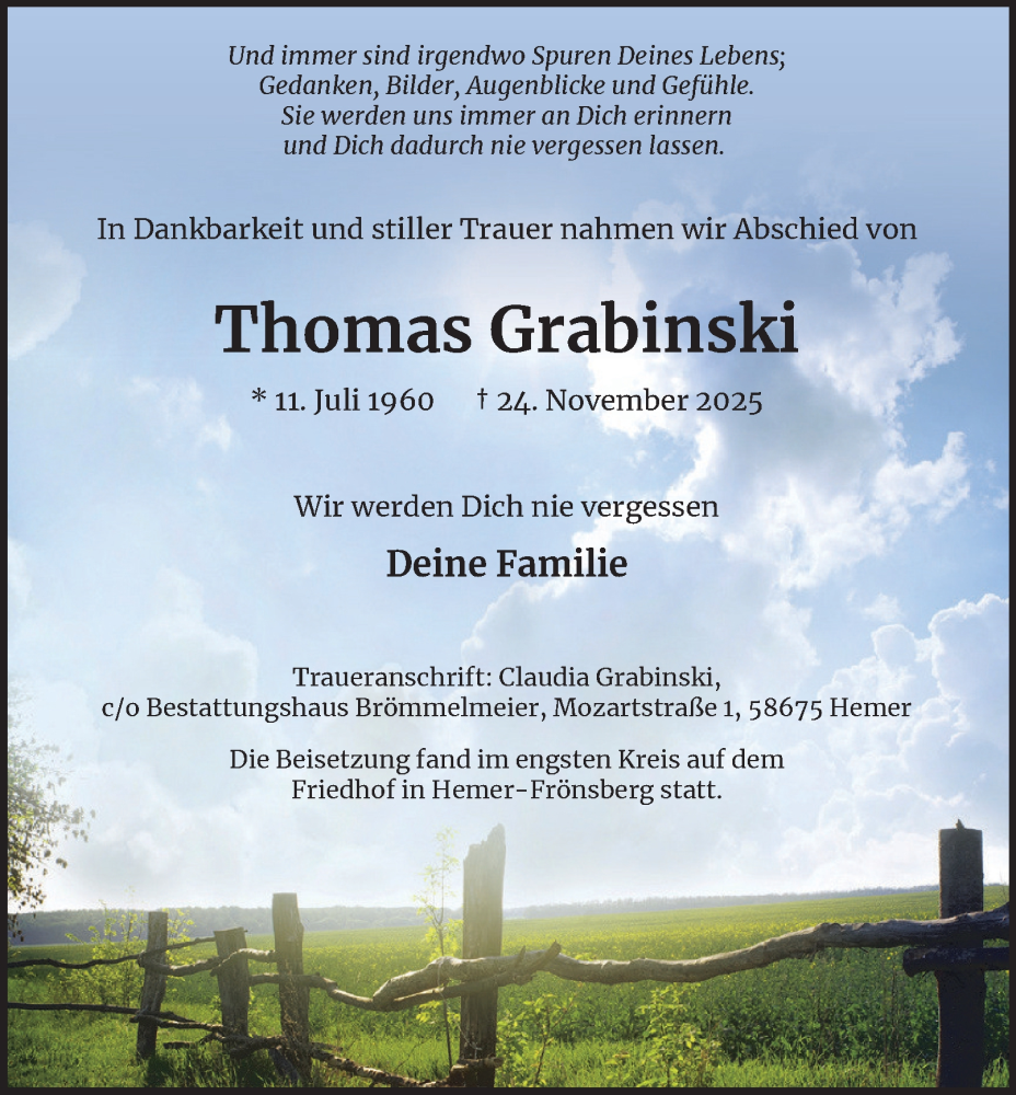 Traueranzeige für Thomas Grabinski vom 02.12.2025 aus Tageszeitung