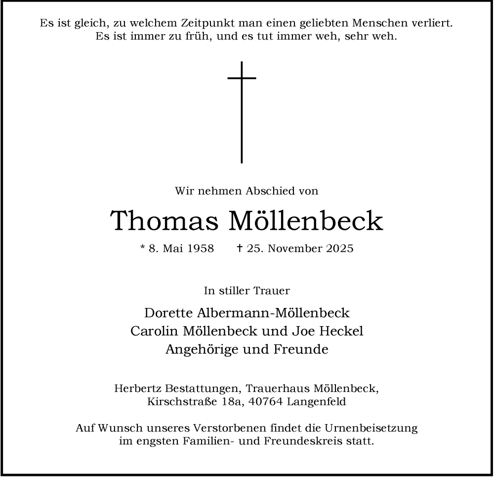  Traueranzeige für Thomas Möllenbeck vom 06.12.2025 aus Tageszeitung