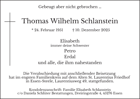 Traueranzeige von Thomas Wilhelm Schlanstein von Tageszeitung