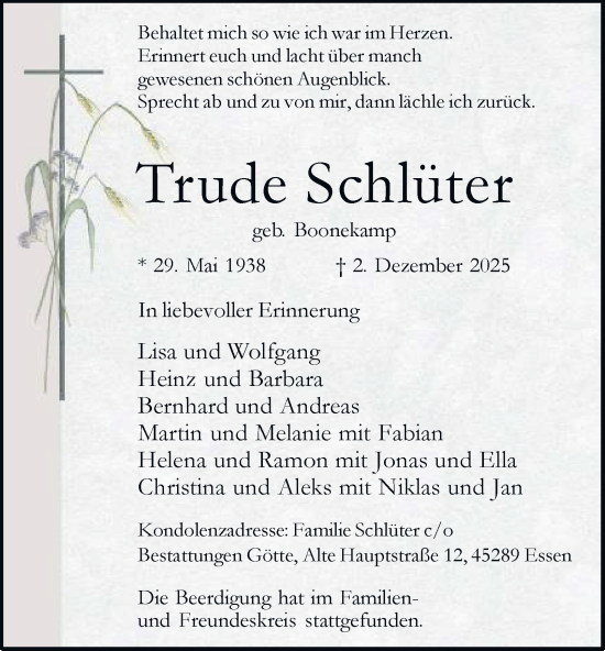Traueranzeige von Trude Schlüter von Tageszeitung
