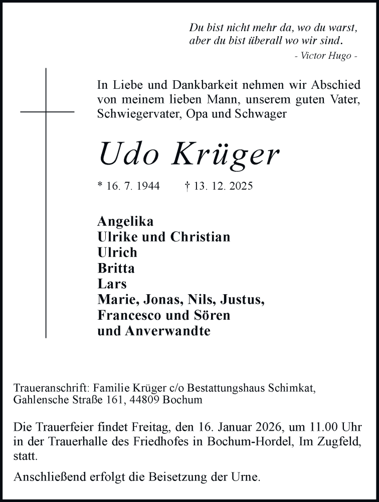  Traueranzeige für Udo Krüger vom 27.12.2025 aus Tageszeitung