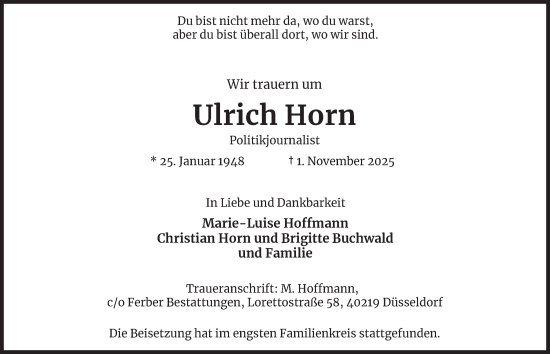 Traueranzeige von Ulrich Horn von Trauer in NRW